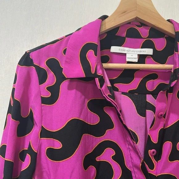 DIANE VON WOMEN PULLOVER BLOUSE PINK BLACK LONG SLEEVE 100 % SILK Sz 6 - Picture 7 of 9